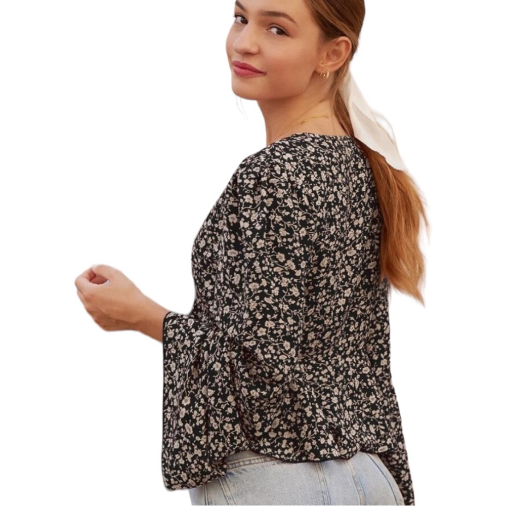 MICHAEL MICHAEL KORS | Black Khaki Floral Bell Sleeve Side Waist Tie Blouse